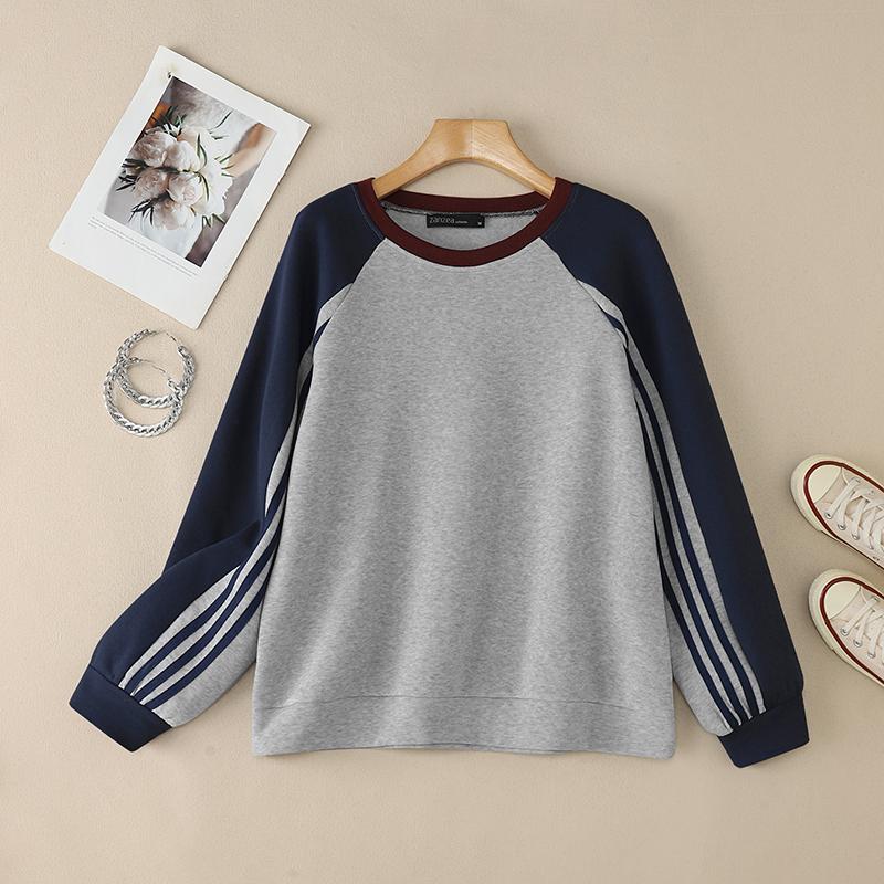 ZANZEA Women Casual Round Neck Patchwork Long Sleeve Pullover Sweatshirts