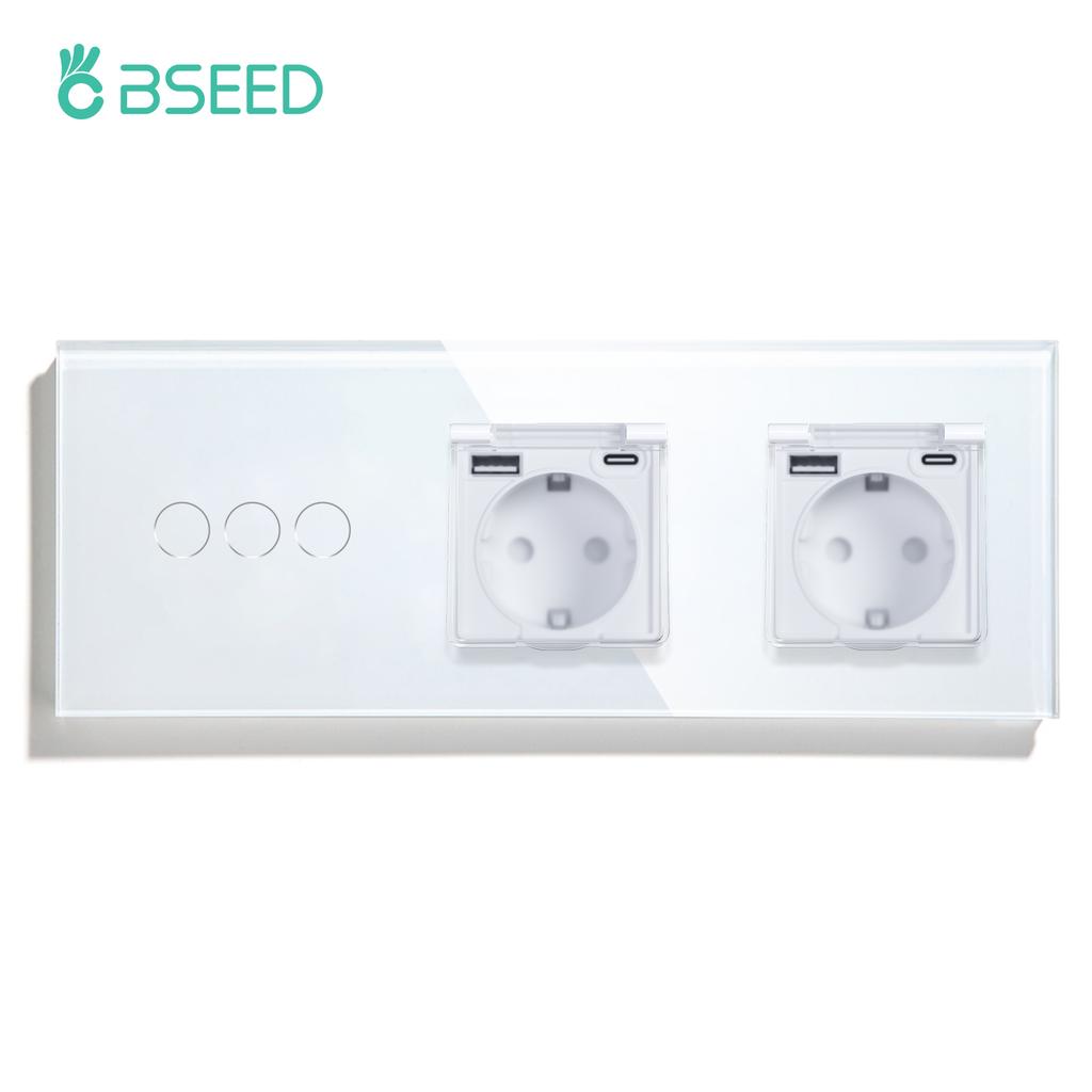 BSEED  1/2/3Gang Touch Light Switch 1Way EU Type-c USB Sockets With Waterproof Cover For Bathroom Outdoor Glass Panel White