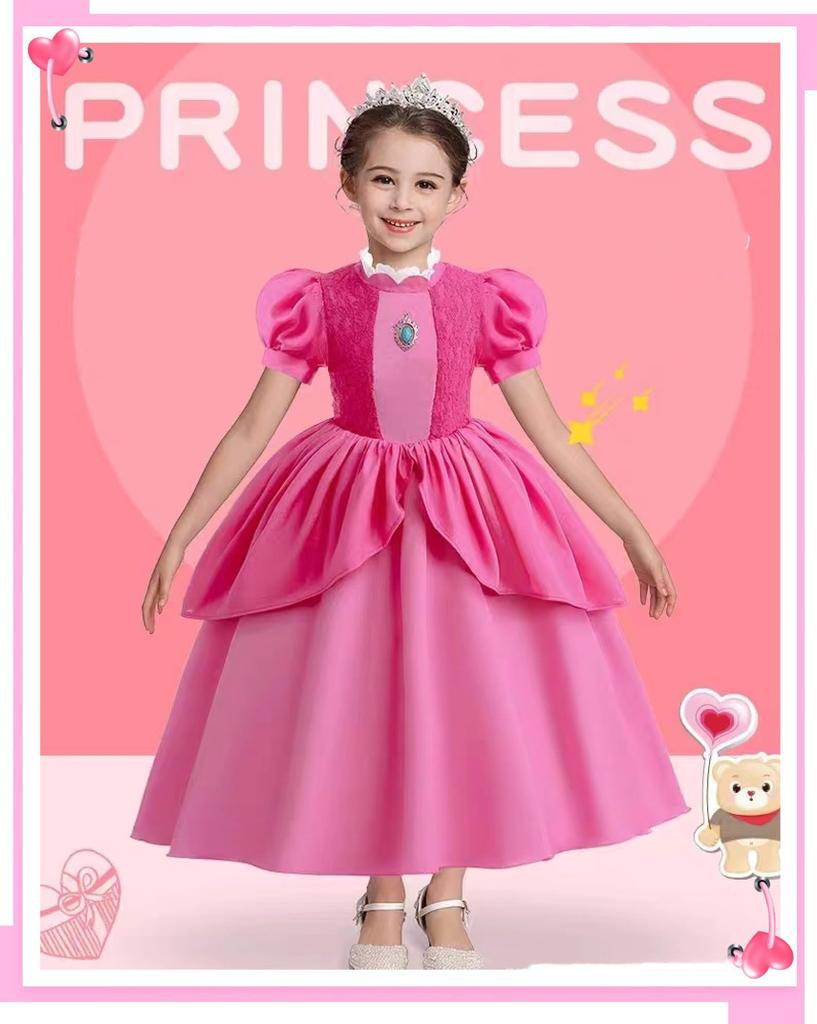 Princess Peach Kids Cosplay Costume Halloween Costume Princess Peach Dress Accessories Crown Earrings Gloves Necklace Ring Bracelet Cosplay Costume