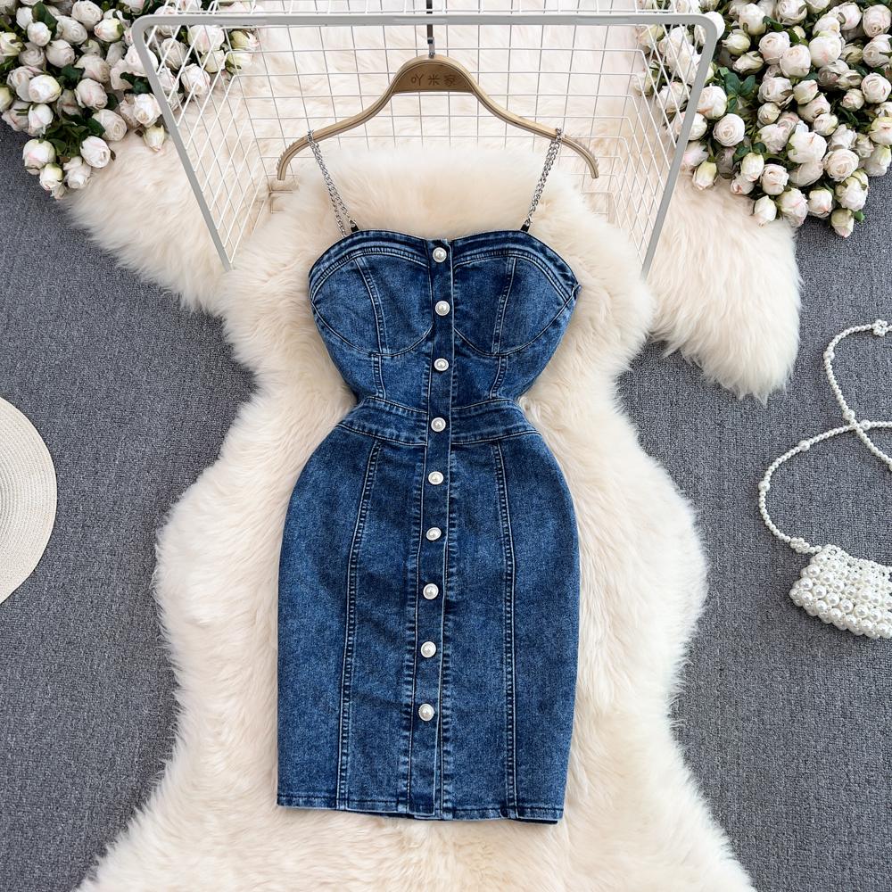 

RUGOD Новое летнее джинсовое платье на подтяжках First Love в европейском и американском стиле с маленькой талией и тонкой однобортной сумкой на бедрах