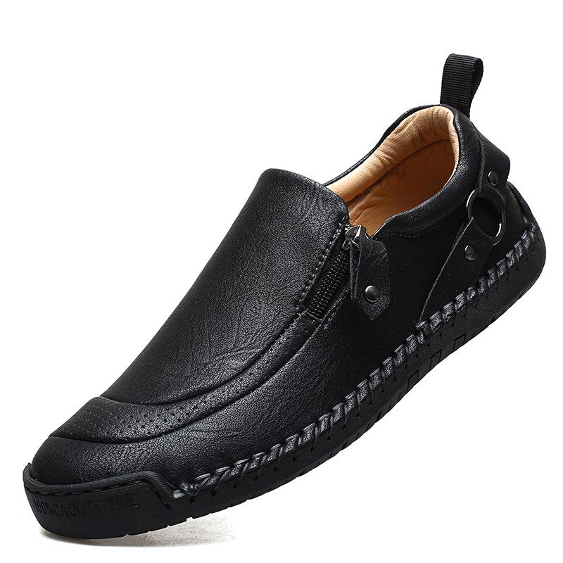 Men's Autumn Casual Leather Slip-On Shoes, Large Size, Soft Sole, Non-Slip, Hand-Stitched, Side Zipper