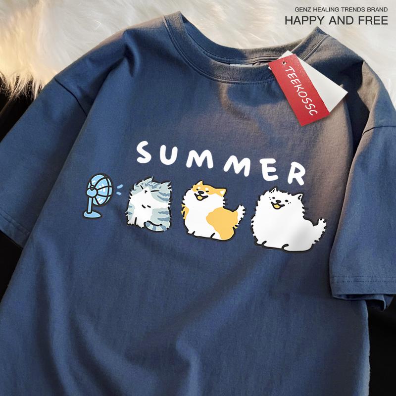 Cats And Dogs Blowing Fans Print T Shirts Men Women Cute Crewneck Clothes Loose Summer T-Shirts Fashion Cotton Short Sleeve