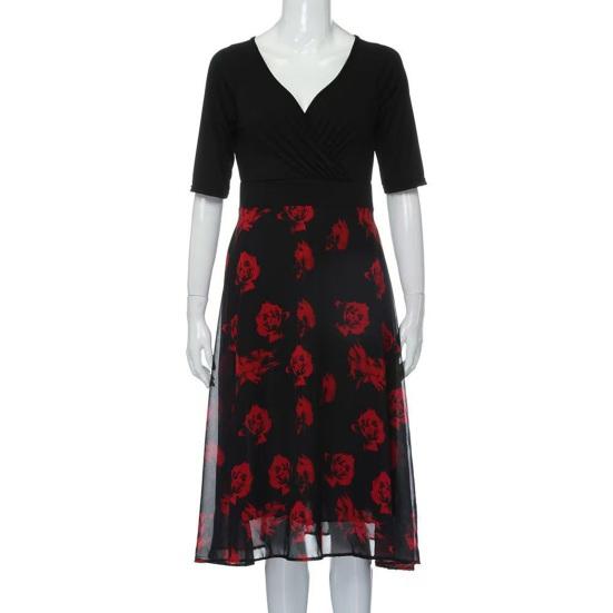 Women's Patchwork Swing Chiffon Dress Short Sleeve V Neck Midi Dress Plus Size Floral Wedding Guest Dress Summer Beach Flowy Sundress
