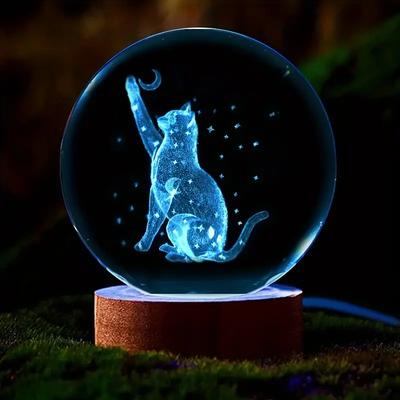 1 Pc 3D Laser Cat and Moon Star Carved Crystal Ball Nightlight, a Gift for Ladies Who Love Cats, Indoor Statue Light