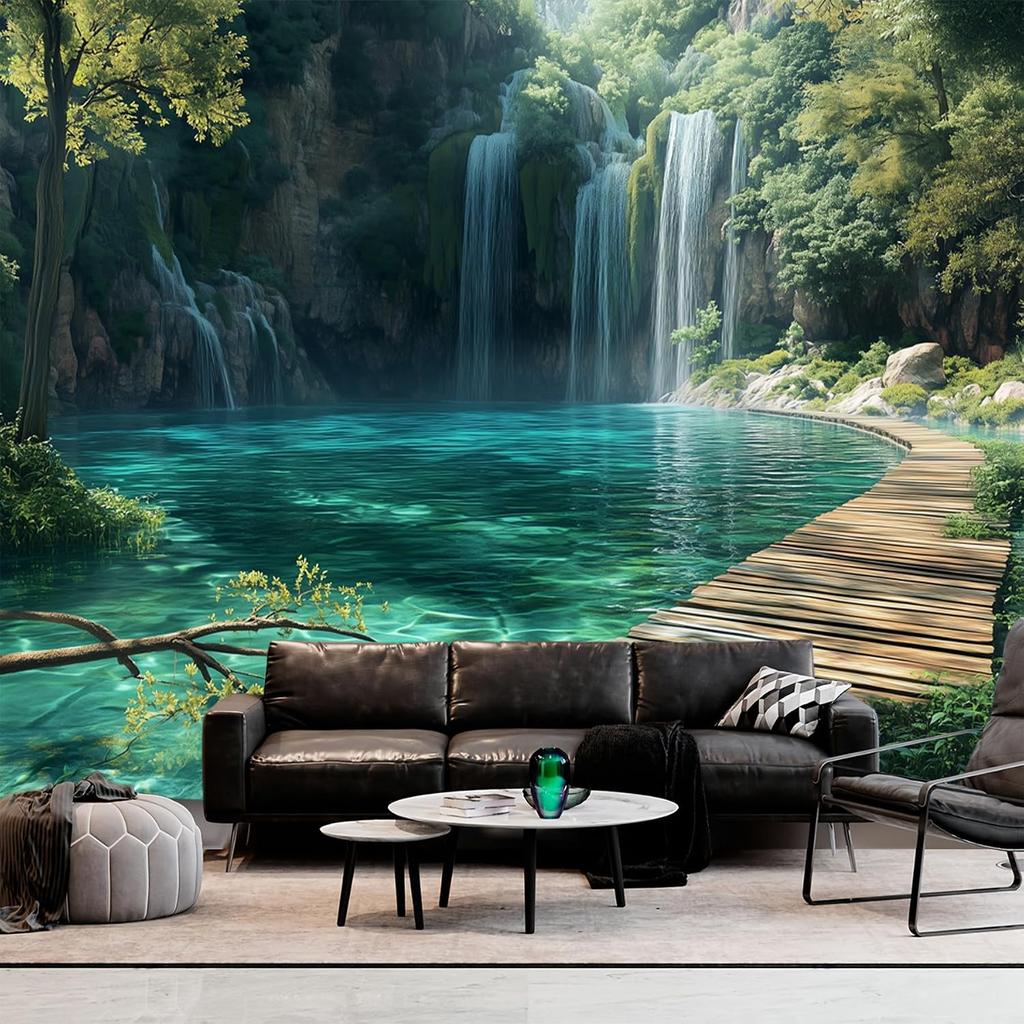 Waterfall Turquoise Lake Wall Mural Green Jungle Wooden Nature Scenery Wallpaper