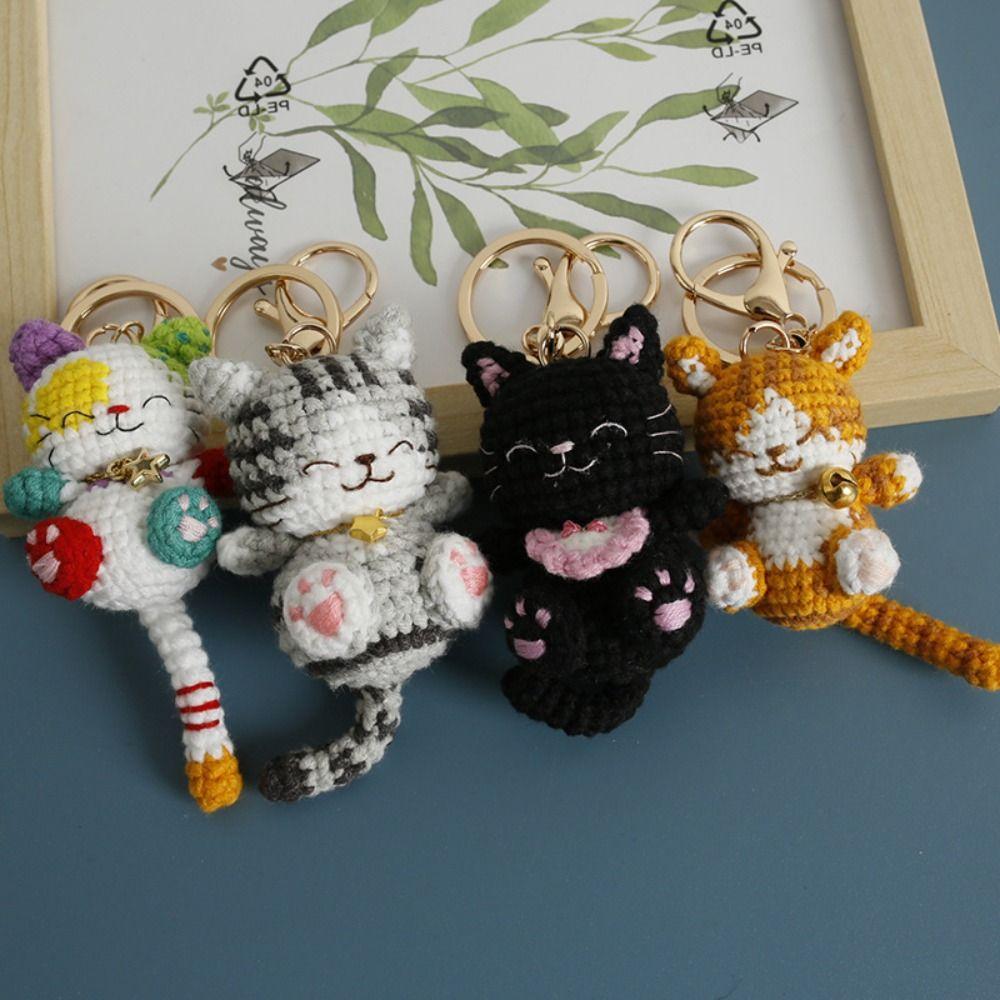 Animal Handwoven Cat Pendant Knitting Doll Cat Key Chain Creative Crochet Kitten Keyrings Backpack