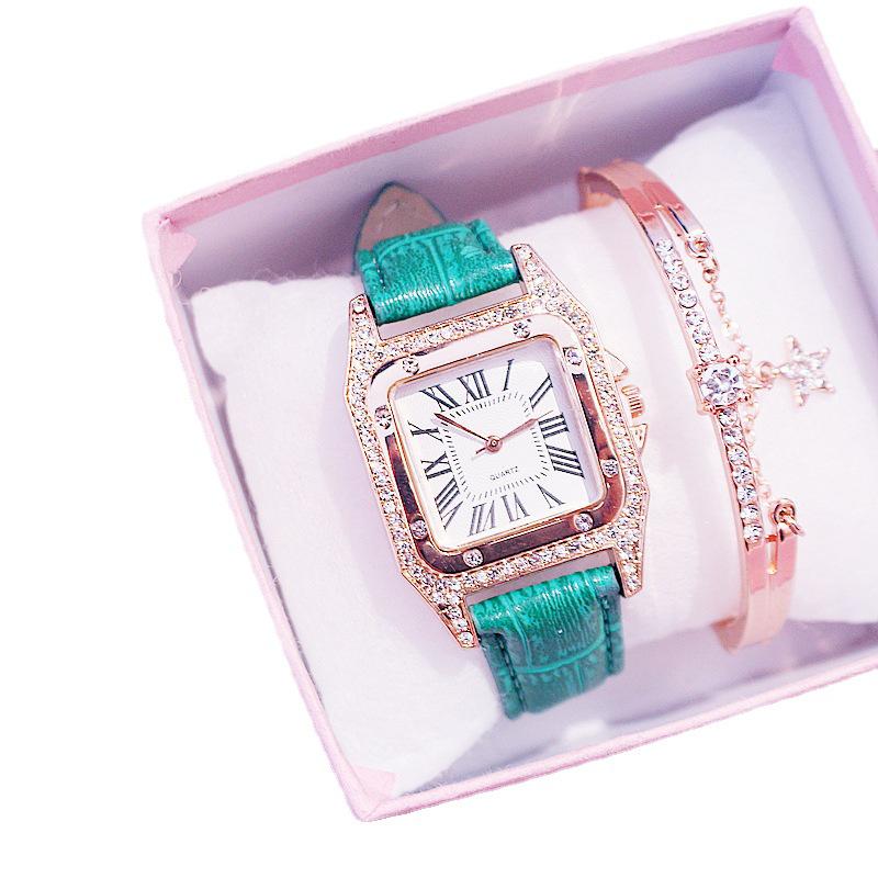 Women's Trendy Square Dial Quartz Watch with Leather Strap & Star Bangle