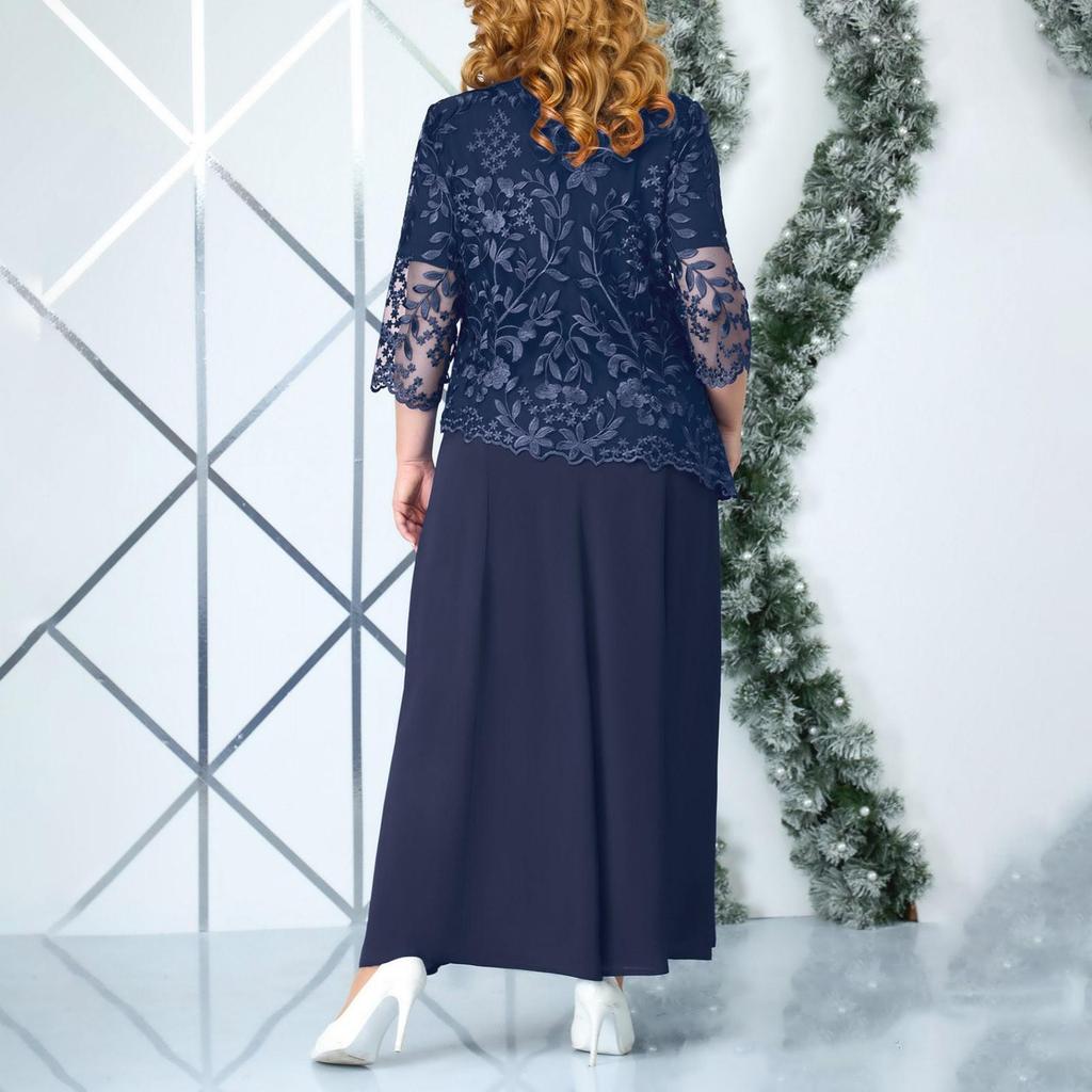 Lässiges, modisches, mittellanges Kleid mit Spitzenstickerei und Patchwork für Damen