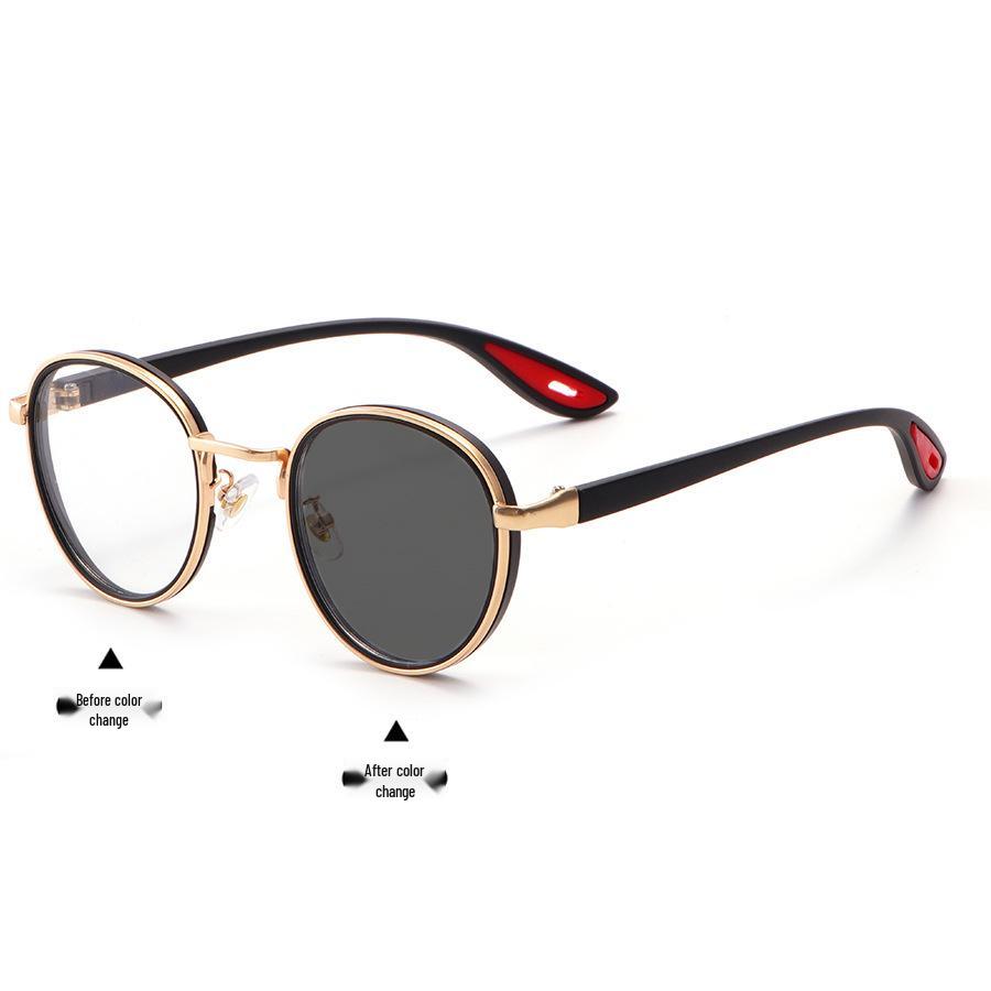 Unisex Retro Round Metal Sunglasses with Photochromic Anti-Blue Light Lenses