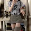 College Style Bow Summer Spice Girl Pure Desire Slim Short Shirt Two-piece Set High Waist Skirt Fashion