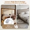 180x200 double bed upholstered bed with slatted frame, LED & storage bed, hydraulic, linen beige & walnut, without mattress