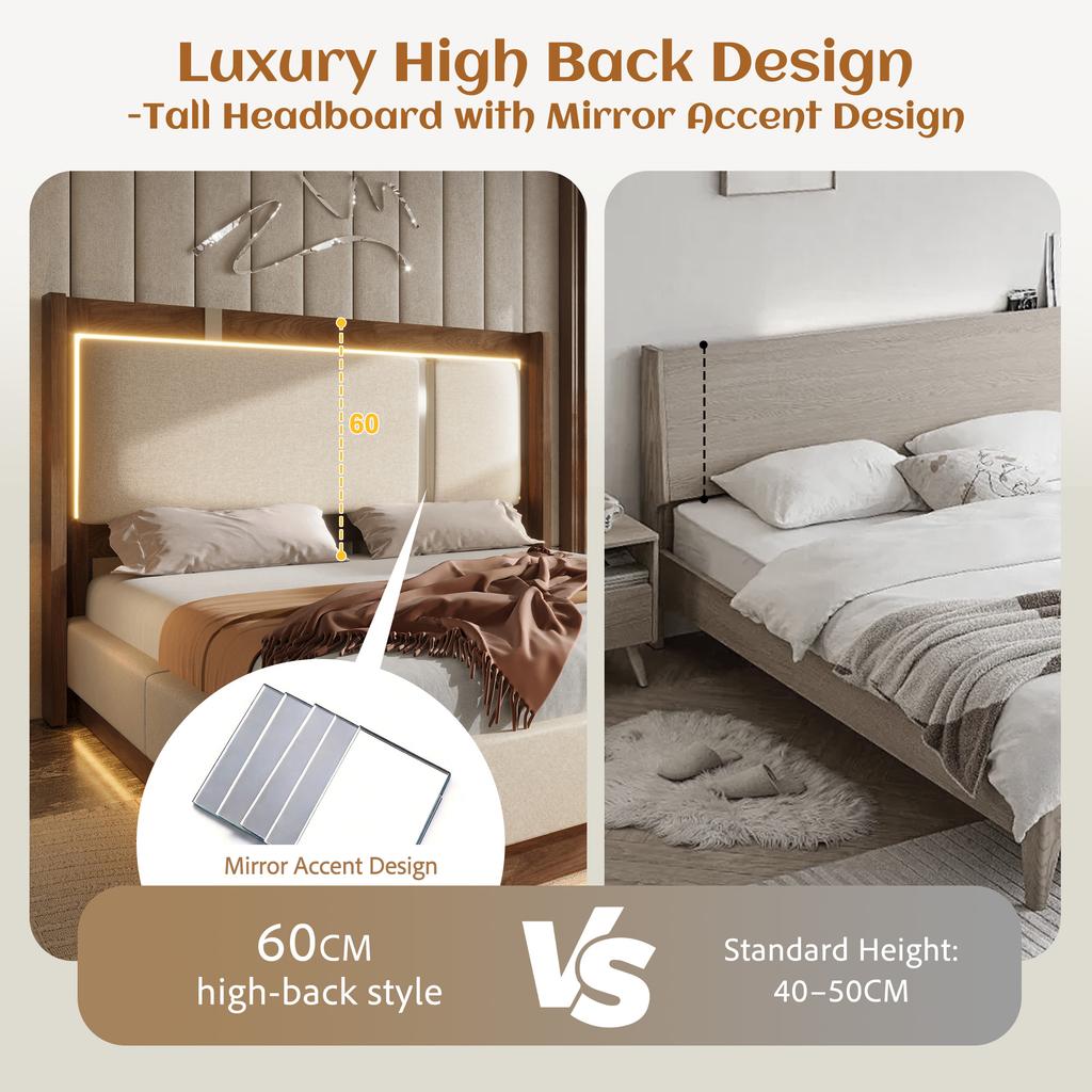 180x200 double bed upholstered bed with slatted frame, LED & storage bed, hydraulic, linen beige & walnut, without mattress