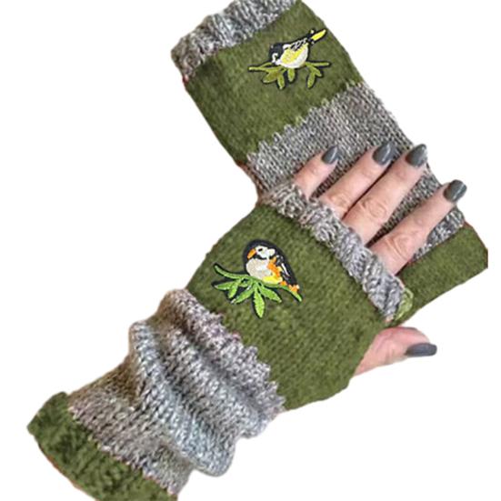 

Embroidered Birds Fingerless Gloves Color-Block Knitted Warm Gloves Stretchy Mittens with Thumb Holes for Typing Writing