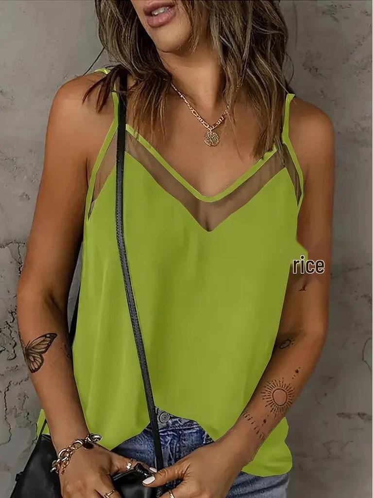 2026 Spring/Summer Women's Solid Color Mesh V-Neck Camisole - European & American Fashion