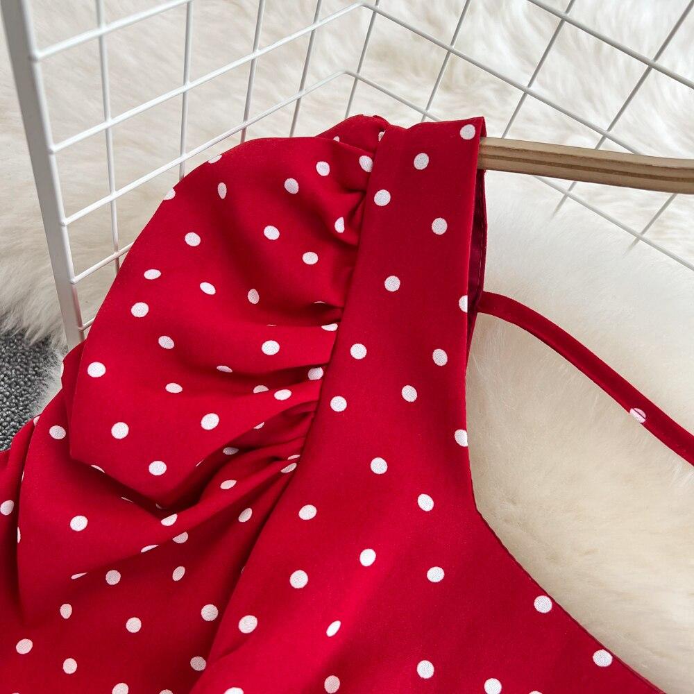 Seaside Holiday Backless Super Sexy Square Collar Slim-fitting Sleeved Mid-length Split Dot Dress