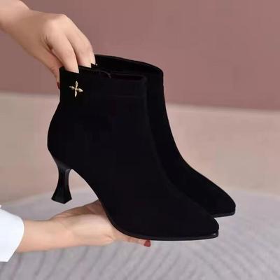 Medium Heel Bare Boots Women's Suede Stiletto High Heels Women's Temperament Matte Short Boots Autumn and Winter Pointed Elastic Thin Boots
