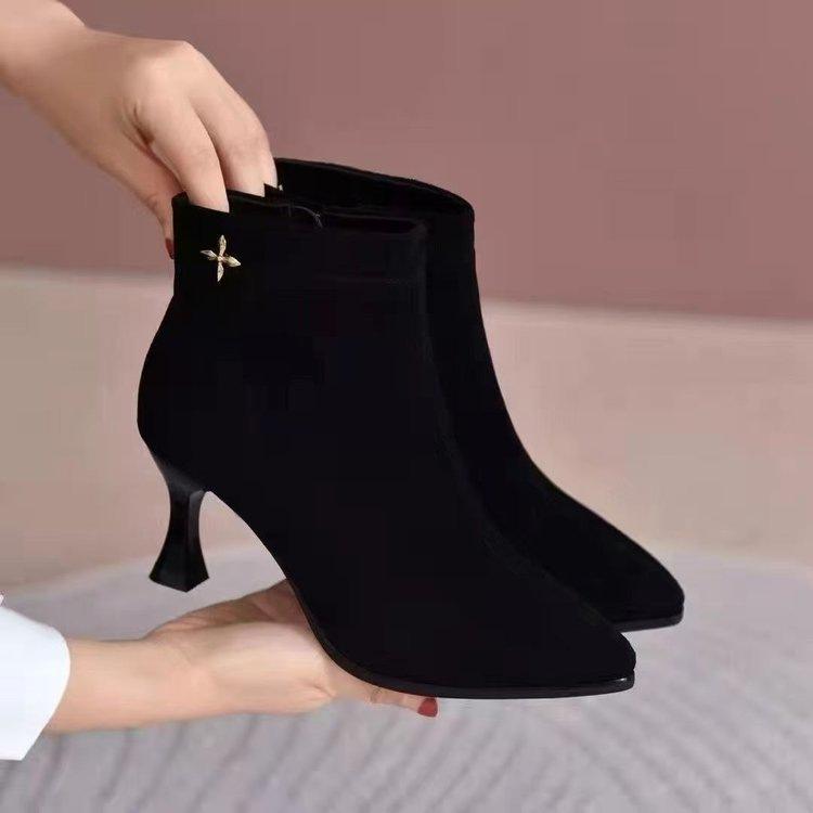 medium heel bare boots women's suede stiletto high heels women's temperament matte short boots autumn and winter pointed elastic thin boots