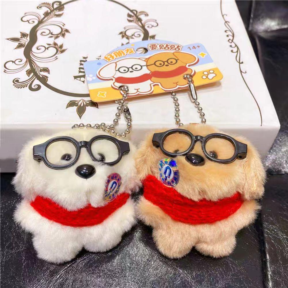 2Pcs Bag Hanging Plush Doll Keychain Cute Magnetic Dog Keychain Collar Glasses Dog Pendant Couple