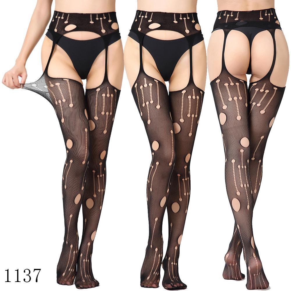 Sexy Elastic Fishnet Stockings with Garter Belt - Women's Open Crotch Fine Mesh Anti-Slip