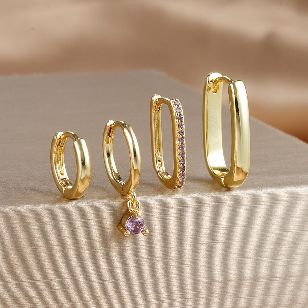 4PCS Luxury Gold Plated U-shape Hoop Earrings Set for Women Geometric Pendant Huggie Punk Unisex Rock Earring Piercing Jewelry