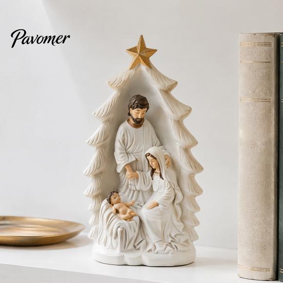 Christmas Religious Gift for Baptism Holy Family Nativity Statue, Tree Resin Ornament, Hand-Painted Ornament Tabletop Decor Home Altar & Fireplace