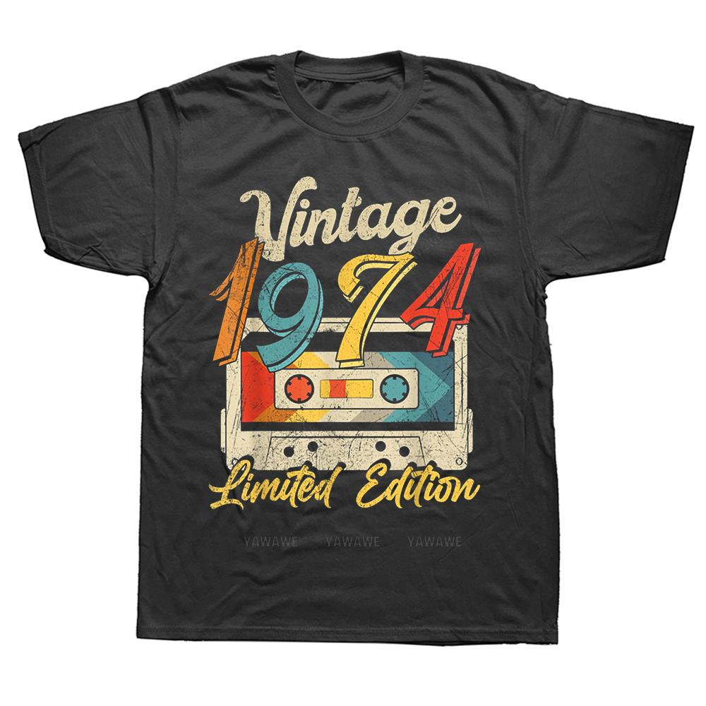 Vintage Born In 1974 Cassette Tape Retro Birthday Party Bday Tee Tops Round Neck ShortSleeve Fashion Tshirt Basic Tshirts