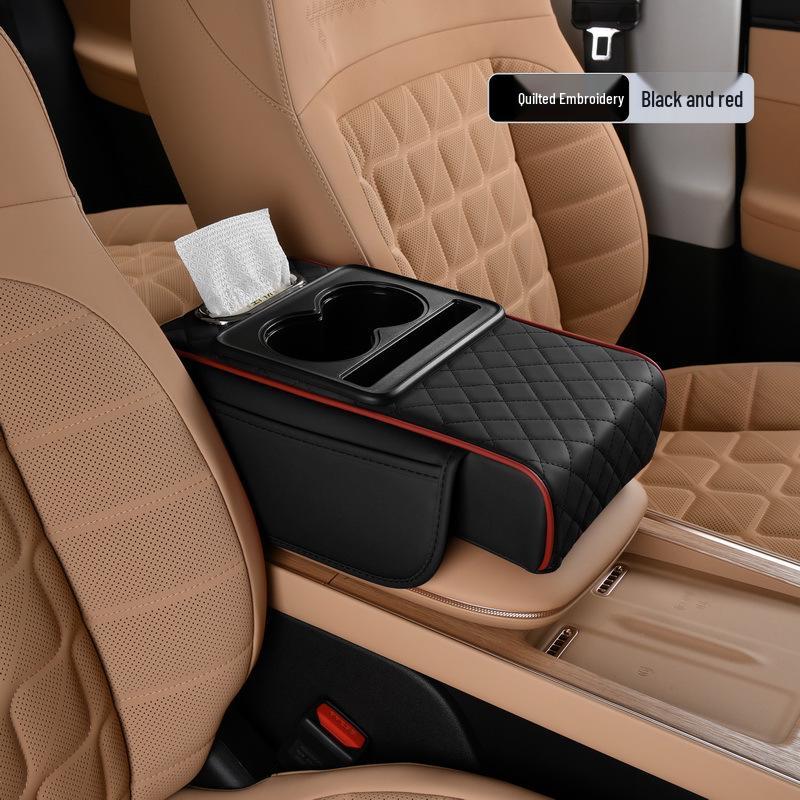 2025 Nappa Leder Auto Armlehnen Erhöhung mit Aufbewahrung, Doppelten Getränkehaltern & Taschentuchbox