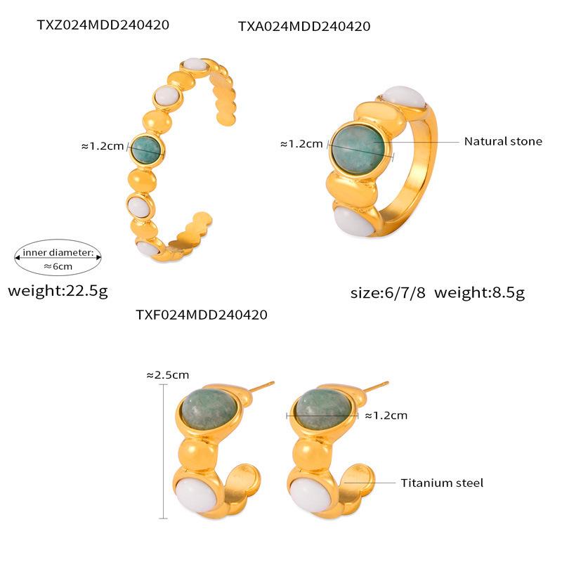 Retro Oval Stone Open Bangle & Gold-Plated Titanium Steel Earring Set for Women