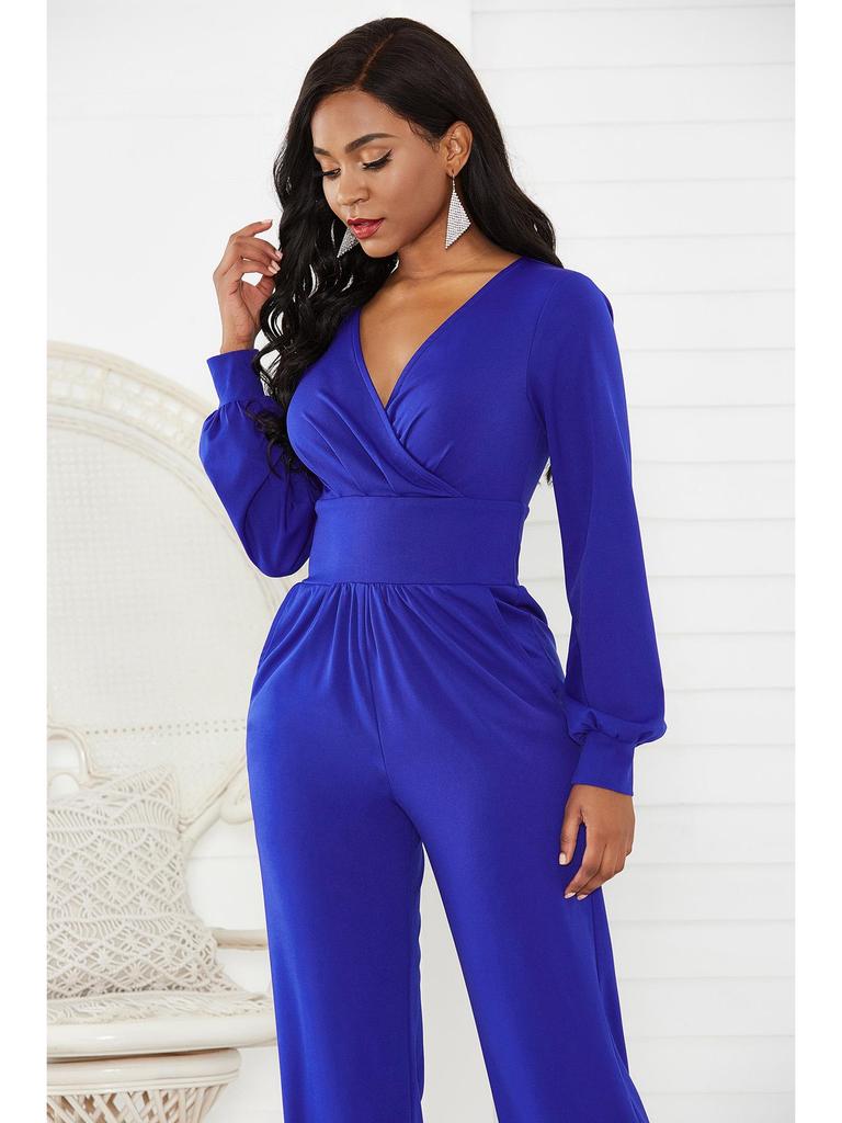 V-Ausschnitt Laternenärmel Weites Bein Jumpsuit für Damen - Herbst/Winter Mode