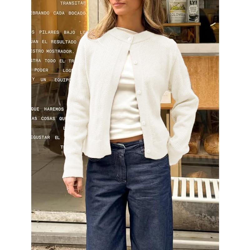 Women's White Knit Cardigan Casual Button Up Crew Neck Long Sleeve Open Front Sweater
