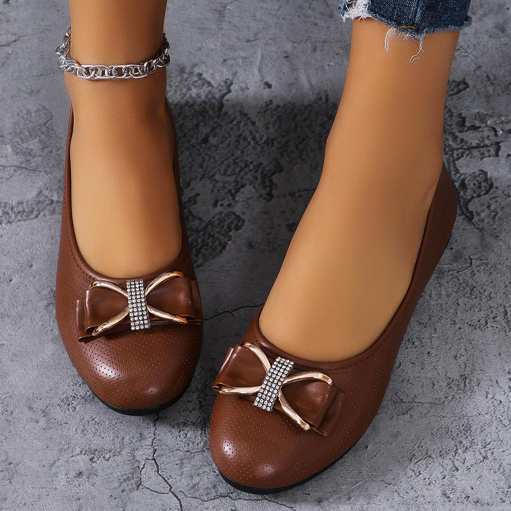 Fashion New Large-sized Flat Single Women's Shoes with Bow Wedge Heels and Low Heels, Round-toed Women's Work Shoes and Leather Shoes