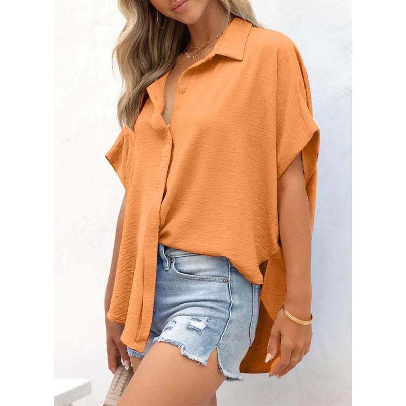 Western Style New Fashion Casual Loose Short Sleeve Lapel Shirts Top Solid Color Shirt Top