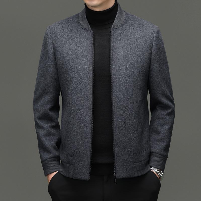 Men's Winter Wool Blend Stand Collar Short Jacket, Middle-Aged Casual Warm Thick Coat