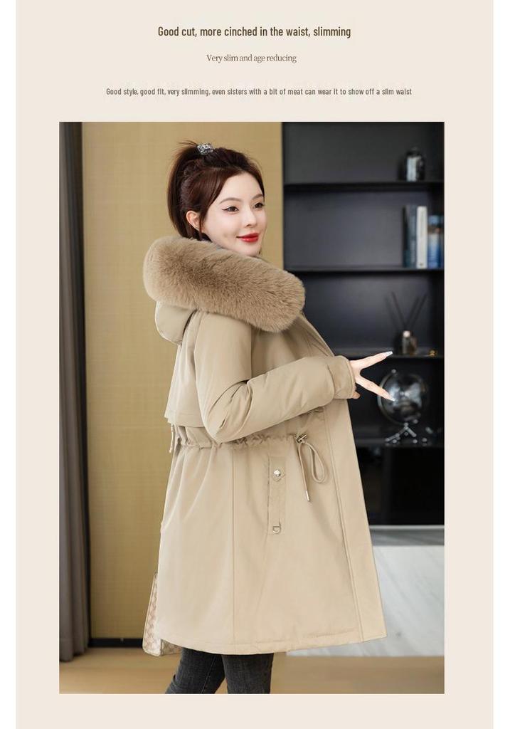 Women's 2026 Winter Mid-Length Velvet Parka with Large Fur Collar - Slimming Korean Style Cotton Jacket
