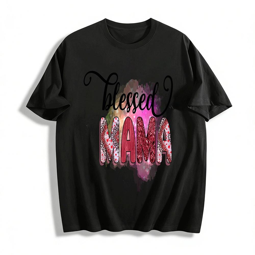 Blessed Mama Heart Leopard Print Casual Short Sleeve T-Shirt Pure cotton T-shirt XXS