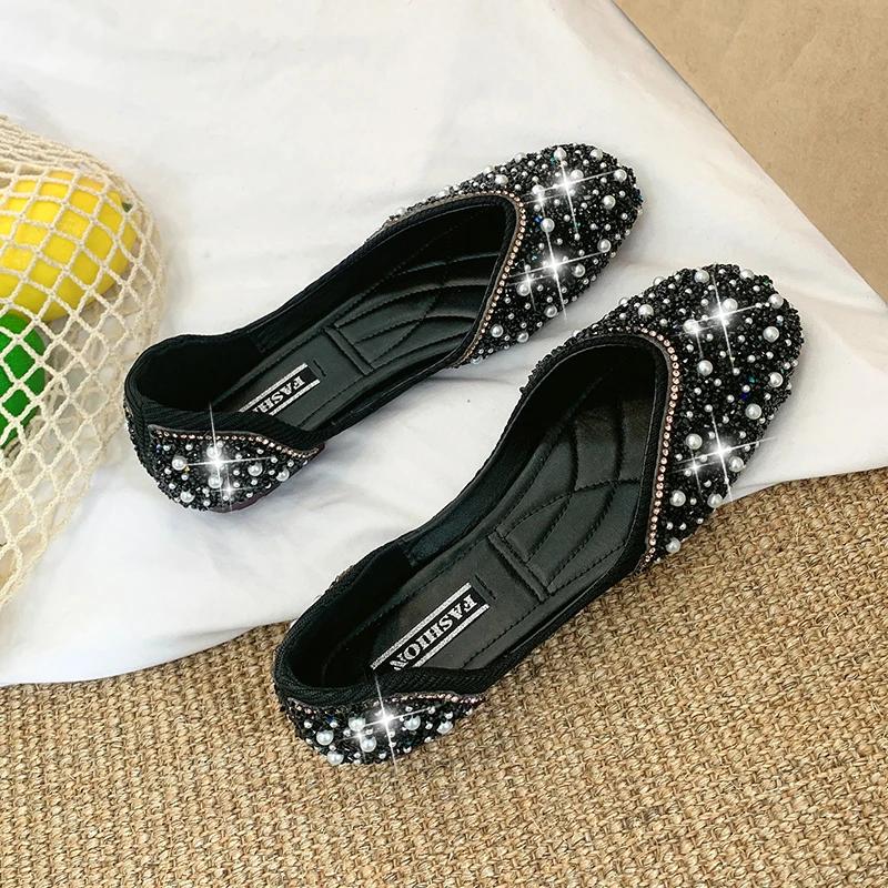 Glitter crystal pearl studs ballet shoes women square toe slip on loafers cozy shallow cut-out ballerina flats moccasins female