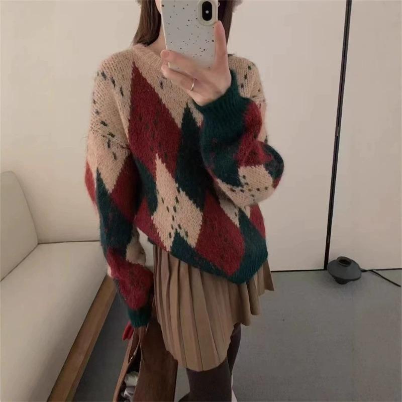 Lazy wind jacquard Christmas rhombus sweater women's new autumn and winter round neck pullover outer wear knitted sweater women