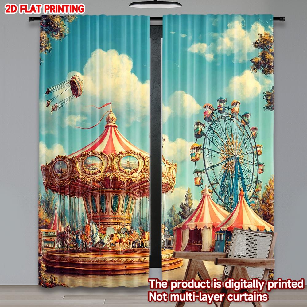 2D flat printing 2pcs Curtain Curtains Festive Carnival Rides Scene Digital Printed Polyester Drapes Festive Wall Decor for Door