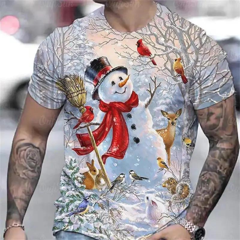 Christmas snowman pattern 3D printed T-shirt casual short sleeved summer round neck T-shirt