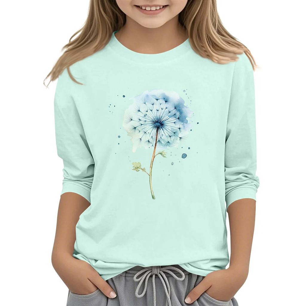Children's 3/4 Sleeve Round Neck Flowers Print Casual Top