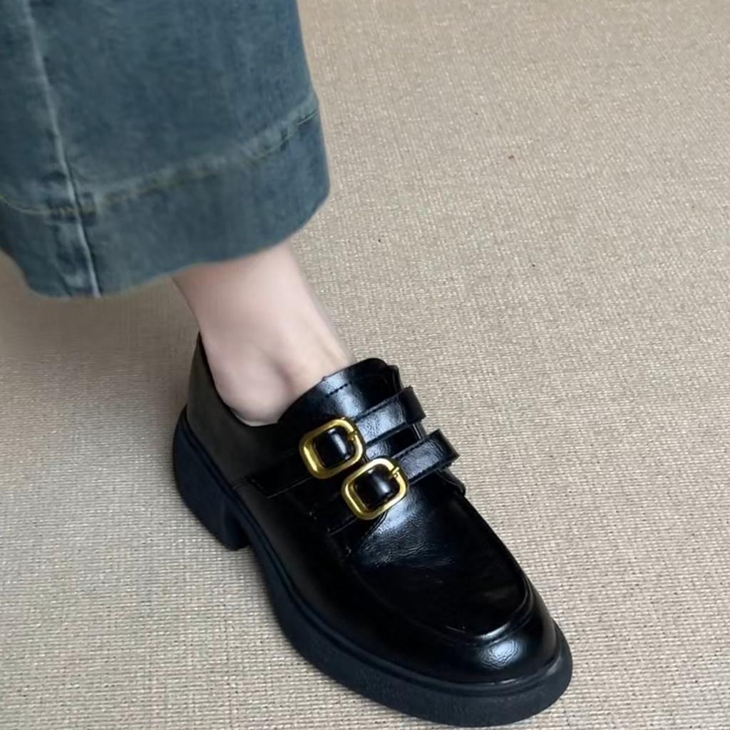 French platform loafers 2025 spring new round head versatile retro British thick heel Mary Jane small leather shoes women