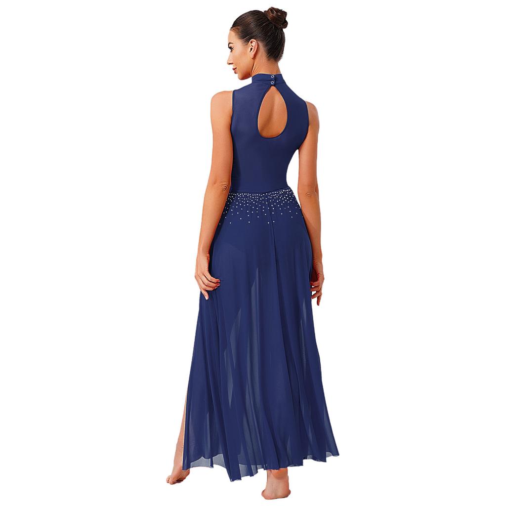 Womens Sparkly Lyrical Performance Dress Back Keyhole Leotard Sheer Mesh Details Slit Hem Modern Dance Costume