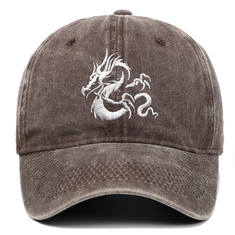 European Dragon Embroidery Vintage Washed Cotton Baseball Cap