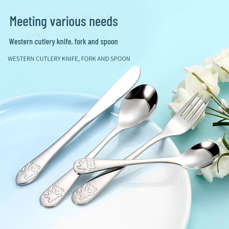 Children's Cartoon Bear 304 Stainless Steel Cutlery Set: Knife, Fork, Spoon & Gift Box - Perfect for Western Meals