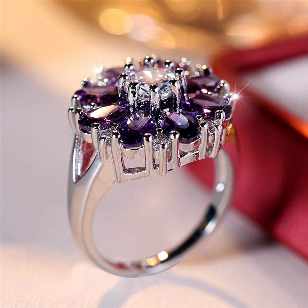 Luxury Female Crystal Purple Zircon Stone Sun Flower Engagement Ring Vintage Silver Color Wedding Jewelry For Women