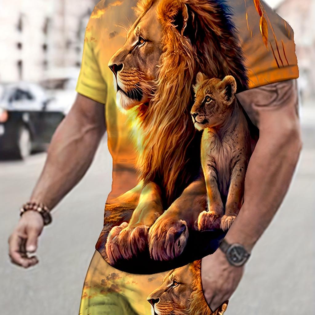 Set Casual da Uomo 2 pezzi, T-shirt con Stampa Leone + Pantaloncini Sportivi Coordinati per il Fitness