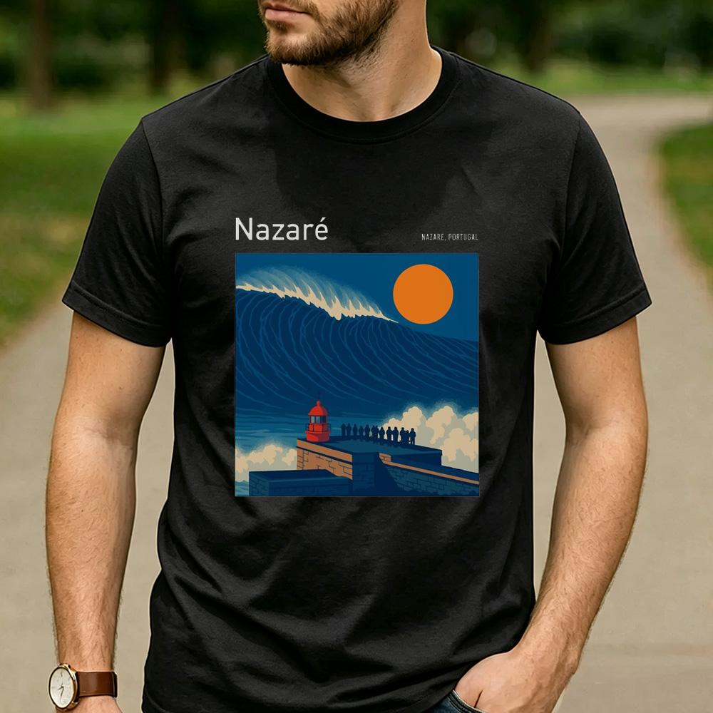 European Surf Travel Graphic T Shirt Nazar Portugal Giant Wave Lighthouse Print Unisex Cotton Crew Neck Holiday Tops