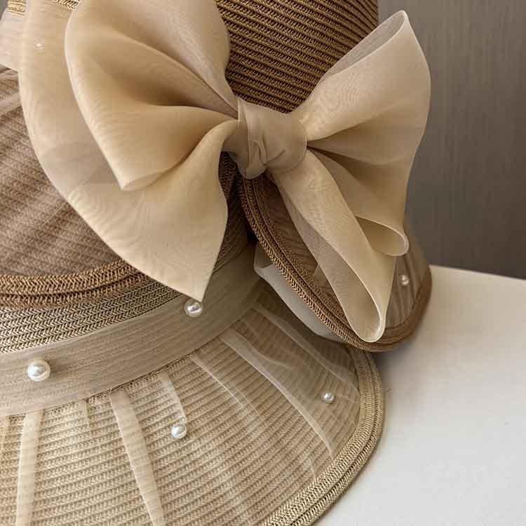 Lace Bead Split Bow Straw Hat Women's Summer Elegant Basin Hat Big Along Beach Sun Hat