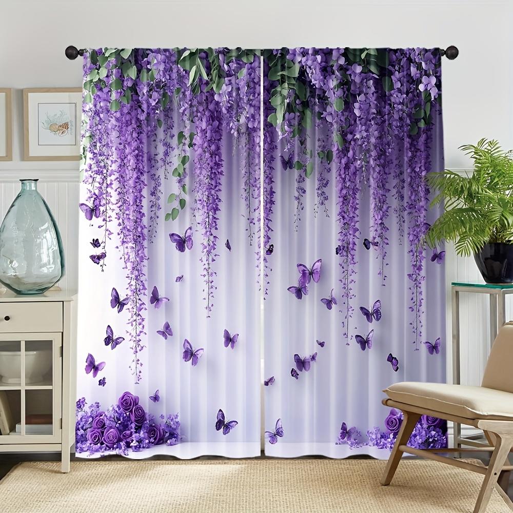 2Pcs Polyester Stylish Spring Purple Printing Window Curtains Birthday Party Decoration Backdrop Drapes for Living Room