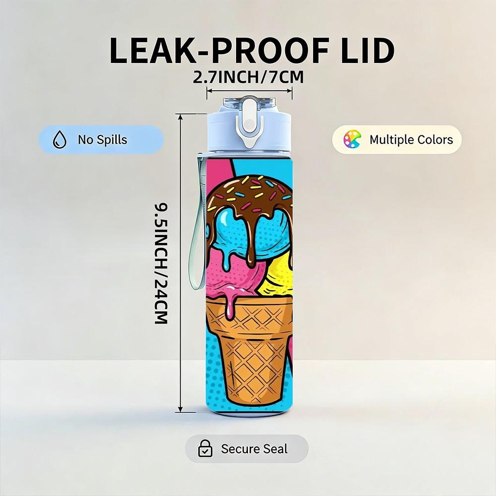 1PC Ice Cream Cone Pop Comic Burst Background 750ml Color Plastic Sports Water Bottle Leakproof Flip Straw Lid Suitable for Sports Office Home Use